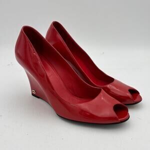 Gucci Patent Leather Double G Peep Toe Wedge Heels Women's 9.5B
